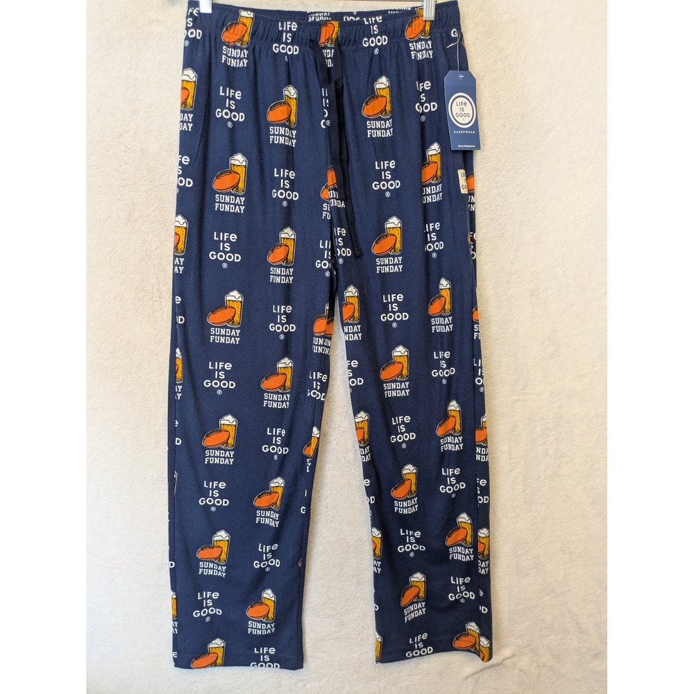 NEW Life is Good‎ Pajama Pants Men's L Blue Sunday Funday Football Beer Lounge